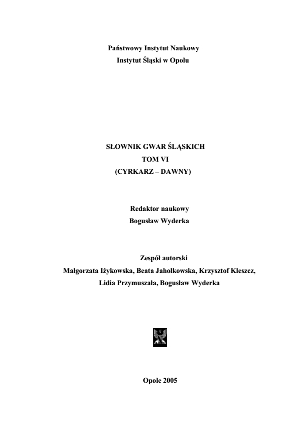 Słownik Gwar Śląskich, tom VI (CYRKARZ-DAWNY)