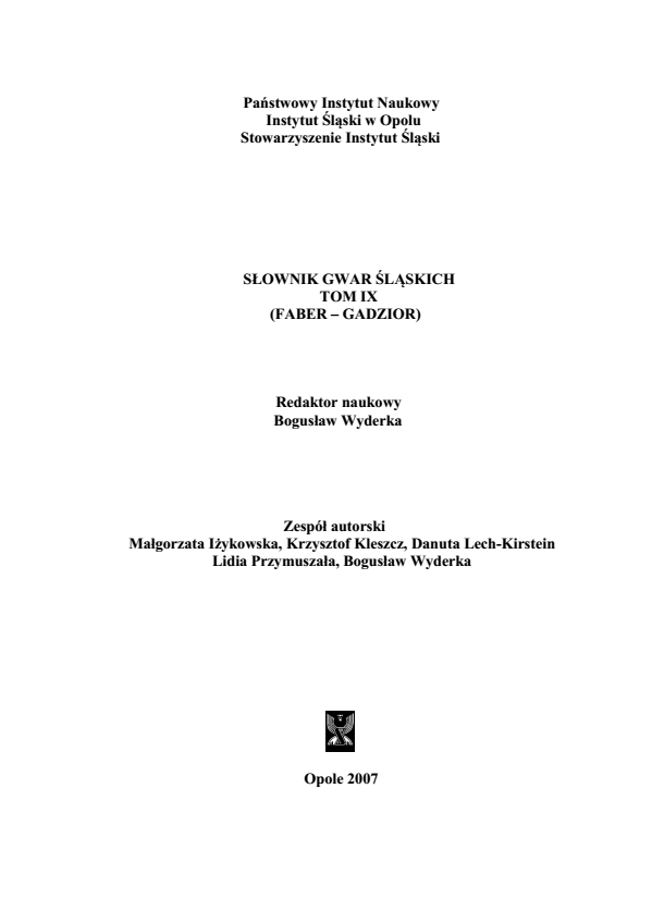Słownik Gwar Śląskich, tom IX (FABER - GADZIOR)
