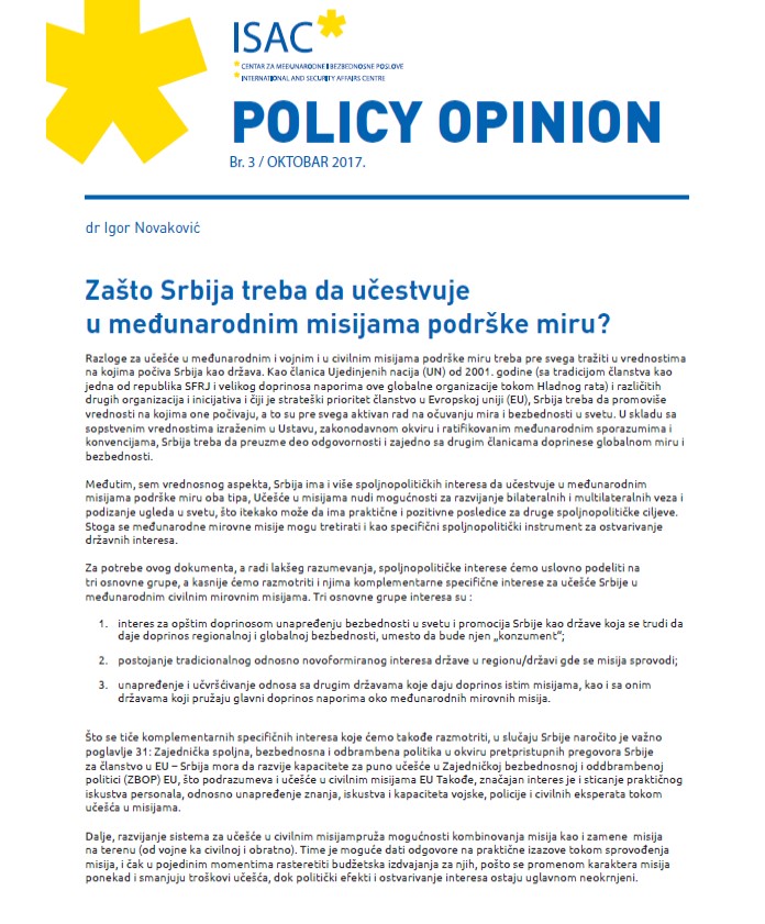 Zašto Srbija treba da učestvuje u međunarodnim misijama podrške miru?