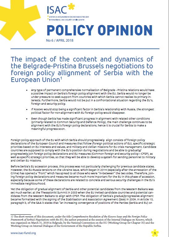 The impact of the content and dynamics of the Belgrade-Pristina Brussels negotiations to foreign policy alignment of Serbia with the European Union