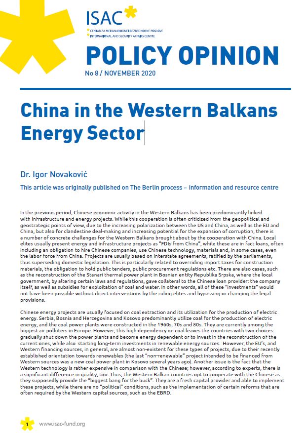 China in the Western Balkans Energy Sector