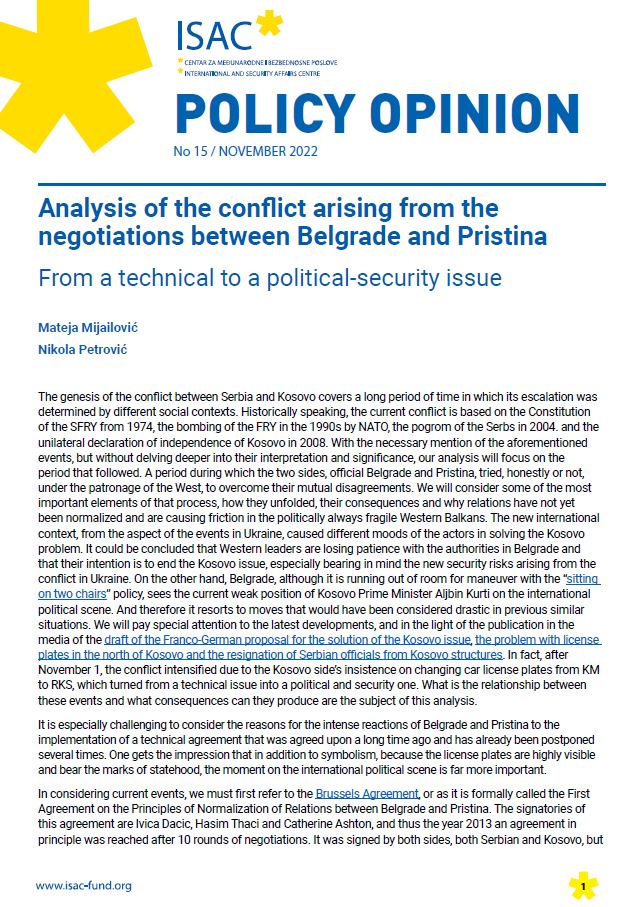 Analysis of the conflict arising from the negotiations between Belgrade and Pristina: From a technical to a political-security issue