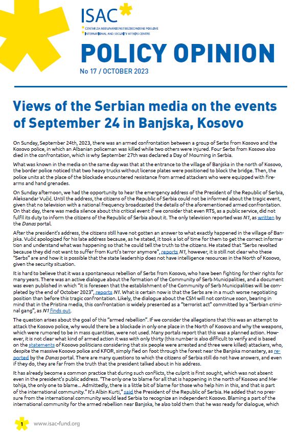 Views of the Serbian media on the events of September 24 in Banjska, Kosovo