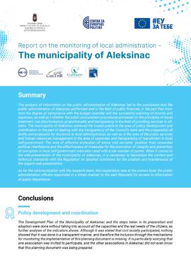 Report on the Monitoring of Local Administration – The Municipality of Aleksinac