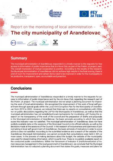 Report on the Monitoring of Local Administration – The City Municipality of Aranđelovac