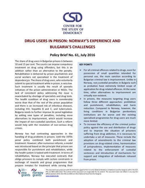 CSD Policy Brief No. 61: Drug Users in Prisons: Norway's Experiences and Bulgaria's Challenges