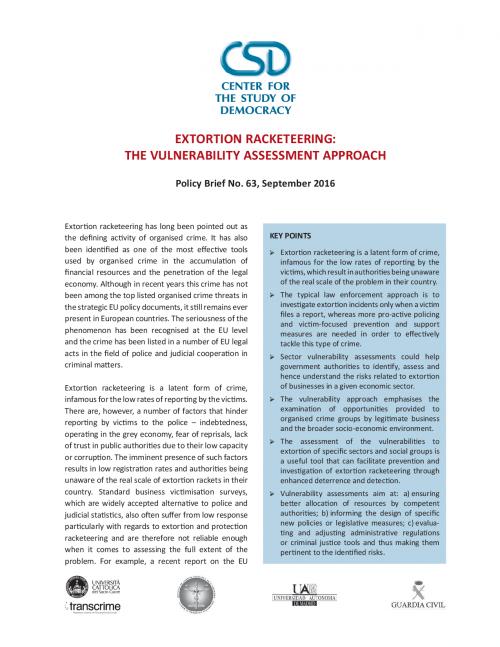 CSD Policy Brief No. 63: Extortion racketeering: the vulnerability assessment approach