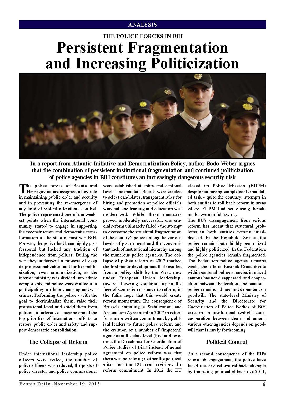 DPC BOSNIA DAILY: The Police Forces In BiH. Persistent Fragmentation and Increasing Politicization