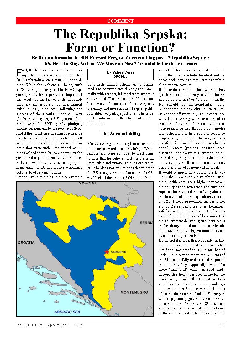 DPC BOSNIA DAILY: The Republika Srpska: Form or Function? Cover Image