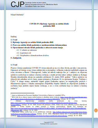 COVID-19 i Rješenje Agencije za zaštitu ličnih podataka BiH