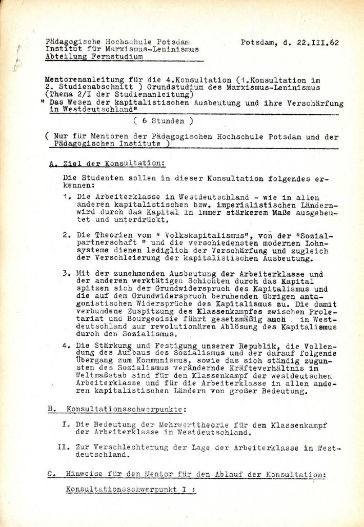 Documentation of Time 1960 / 217 – ATTACHMENT: Mentoring instructions from the Potsdam University of Education for the 4th consultation