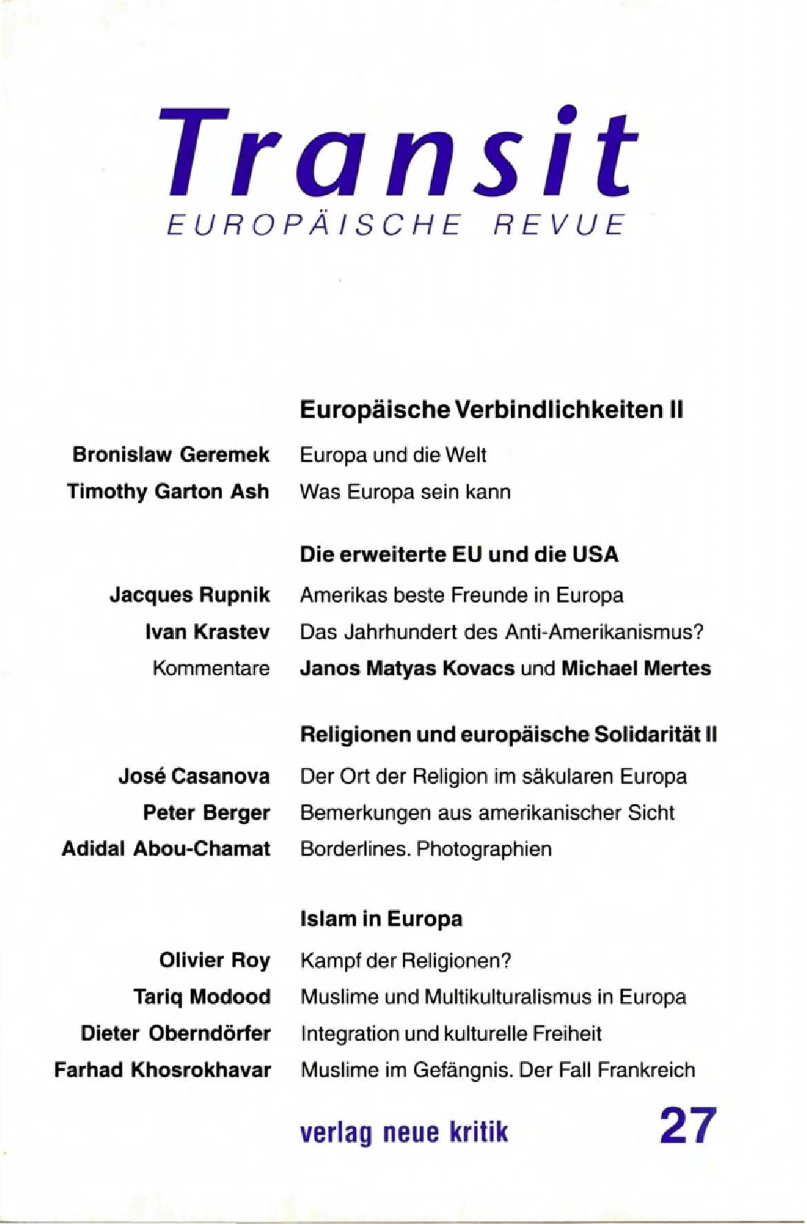 Religion und europäische Integration. Bemerkungen aus amerikanischer Sicht Cover Image
