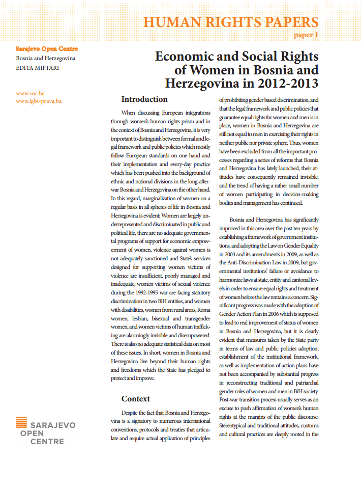 Economic and Social Rights of Women in Bosnia and Herzegovina in 2012-2013
