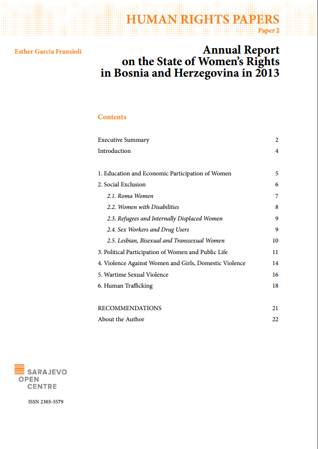ANNUAL REPORT ON THE STATE OF WOMEN’S RIGHTS IN BOSNIA AND HERZEGOVINA IN 2013