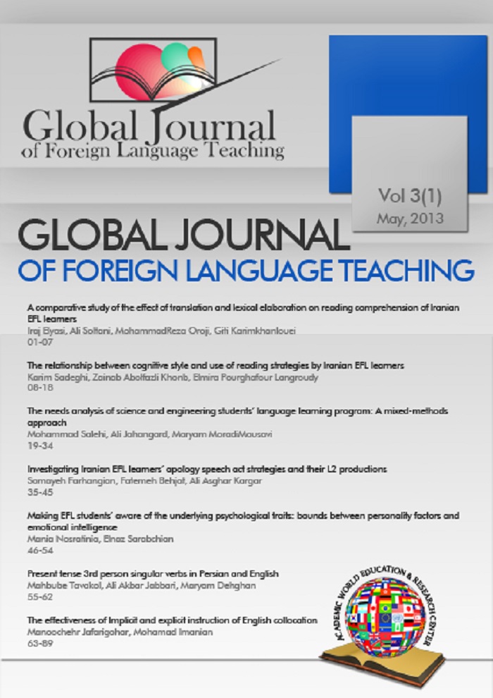 A comparative study of the effect of translation and lexical
elaboration on reading comprehension of Iranian EFL learners Cover Image