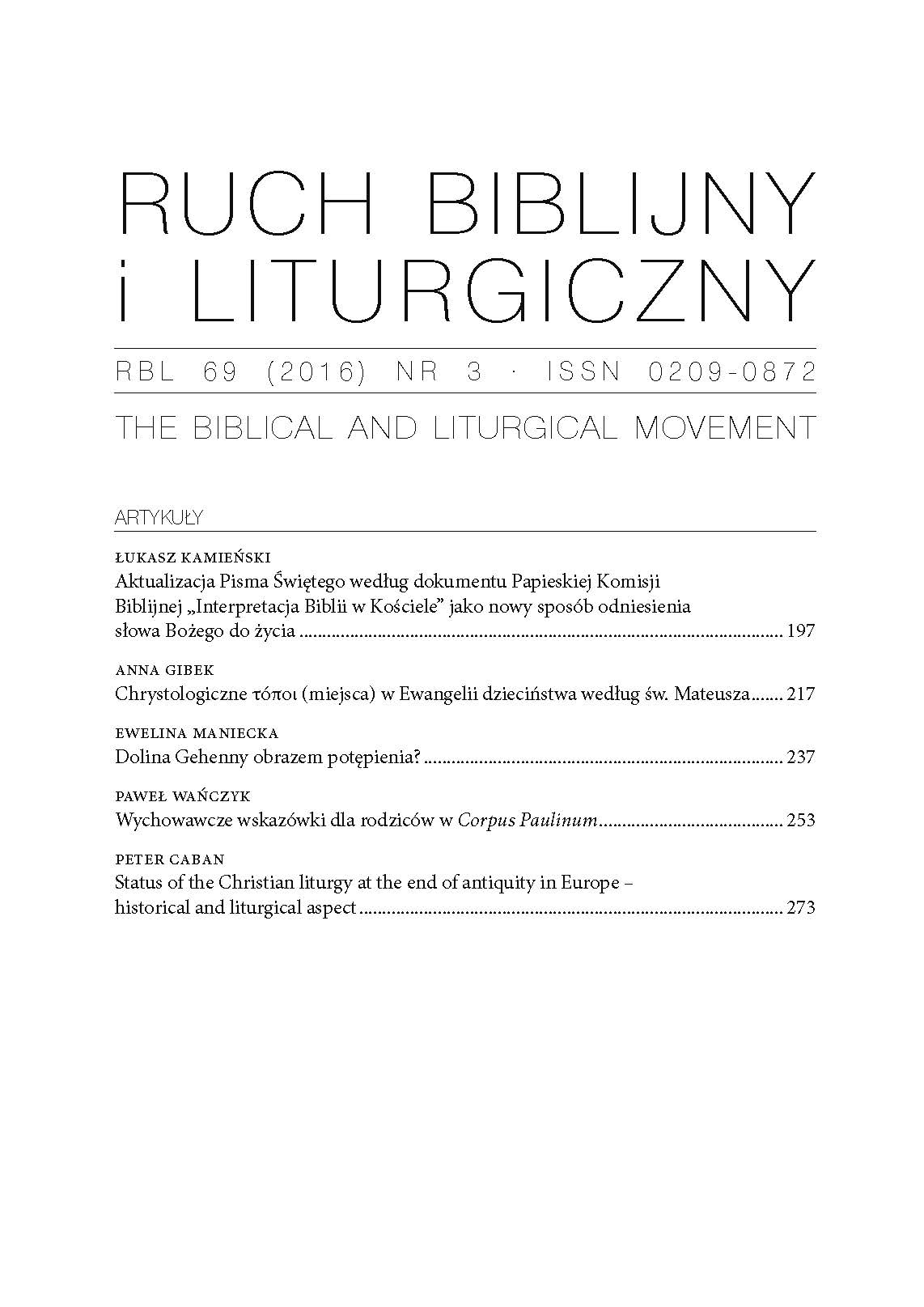 Status of the Christian liturgy at the end of antiquity in Europe – historical and liturgical aspect Cover Image