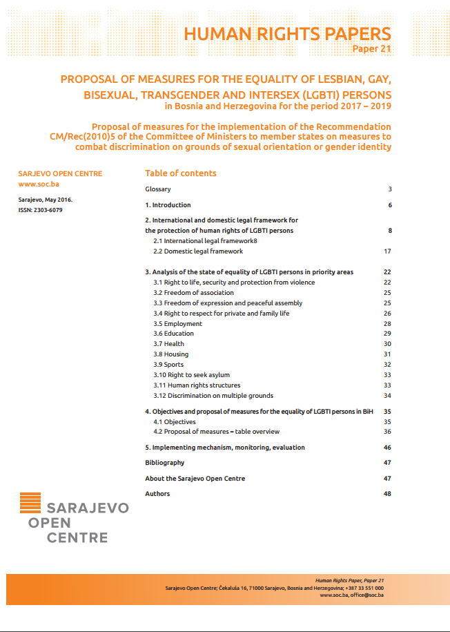 PROPOSAL OF MEASURES FOR THE EQUALITY OF LESBIAN, GAY, BISEXUAL, TRANSGENDER AND INTERSEX (LGBTI) PERSONS IN BOSNIA AND HERZEGOVINA FOR THE PERIOD 2017 – 2019 Cover Image