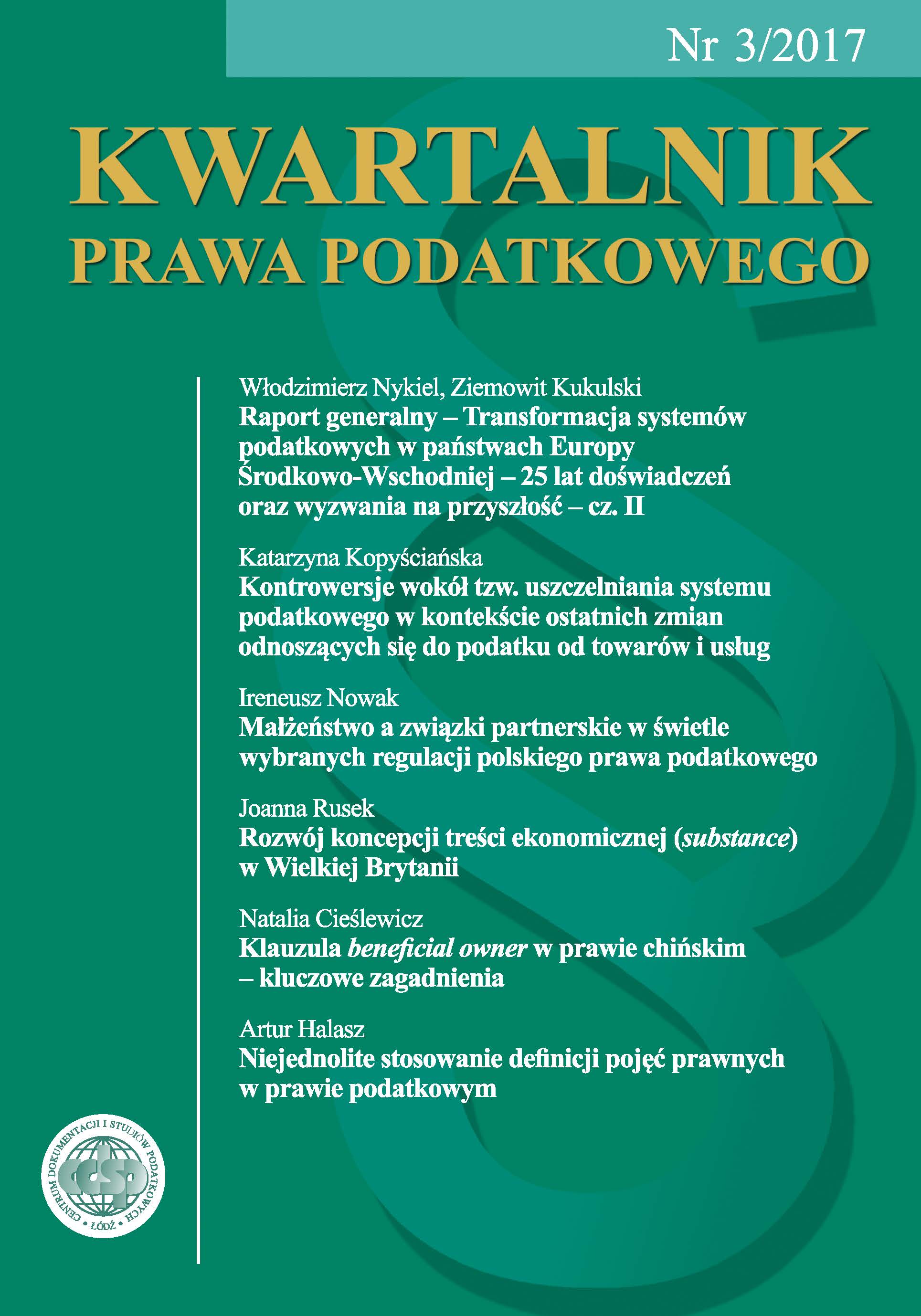 Marriage and partnerships in the light of selected regulations of Polish tax law Cover Image