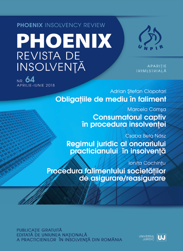 THE BANKRUPTCY PROCEDURE OF THE INSURANCE/REINSURANCE COMPANIES IN THE CONTEXT OF THE NEW LEGISLATIVE FRAMEWORK OF INSOLVENCY AND INSOLVENCY PREVENTION Cover Image
