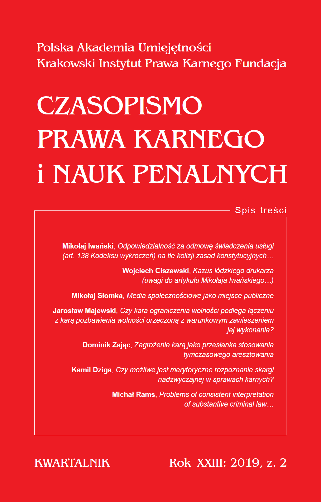 Liability for refusal of service (Article 138 of the Polish Code of Contraventions) in the perspective of collision of constitutional principles. Cover Image